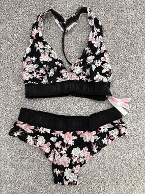 PINK Victoria's Secret Black Floral Lace Bralette & Bikini Set